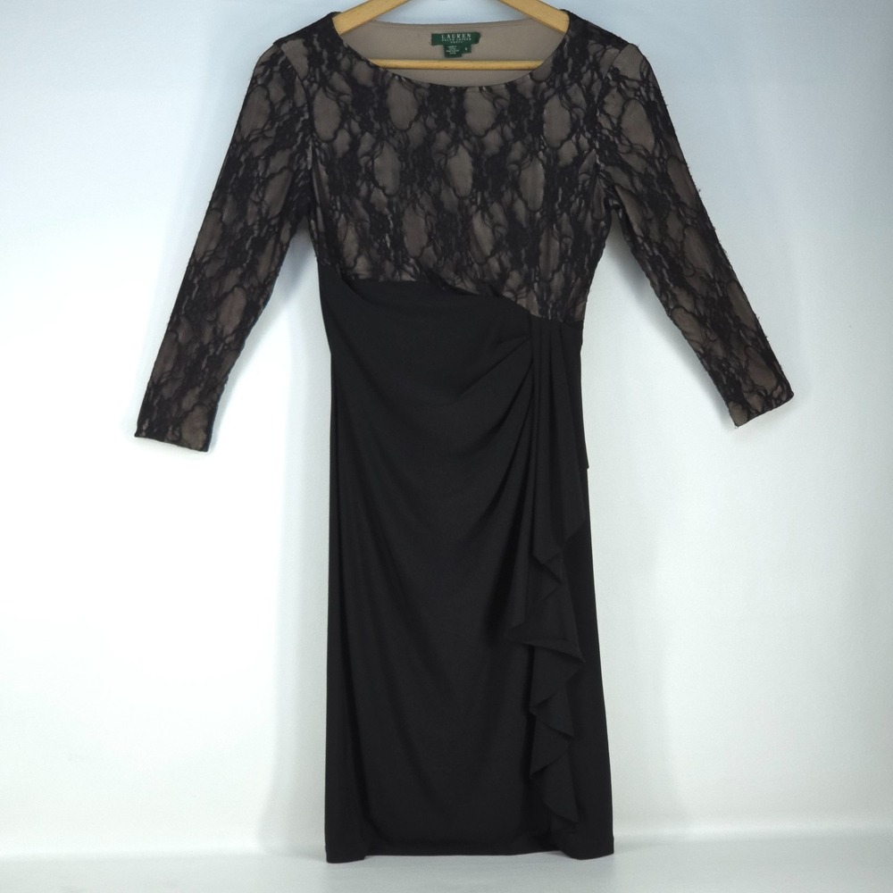 Ralph Lauren Floral Lace Overlay Dress Womens 8 Black‎ Midi Elegant Whimsigoth